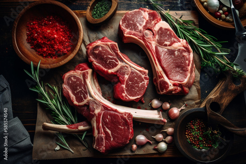 Raw marinated lamb chops, steak, ribs  Generative AI