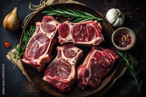 Raw marinated lamb chops, steak, ribs Generative AI