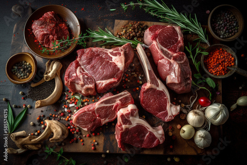 Raw marinated lamb chops, steak, ribs Generative AI