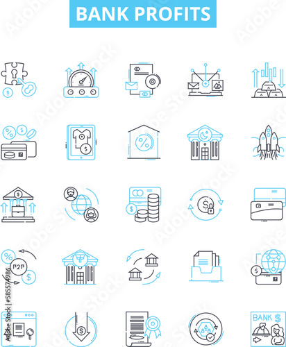Bank profits vector line icons set. Bank, Profits, Gain, Return, Yield, Dividend, Interest illustration outline concept symbols and signs © Nina