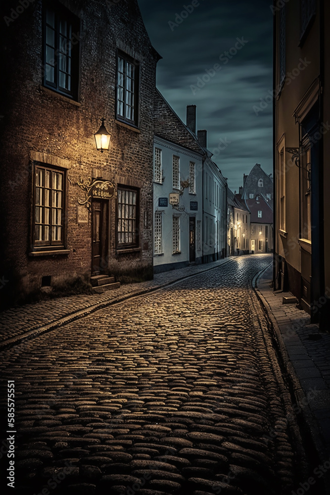 Night and cobblestone street with old architecture. Generative ai