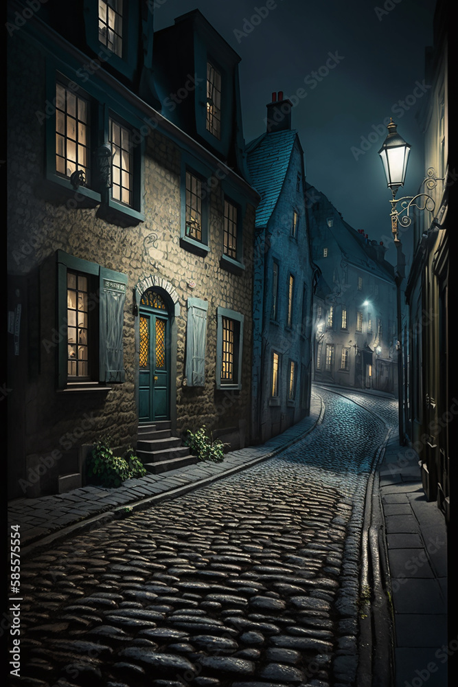 Night and cobblestone street with old architecture. Generative ai