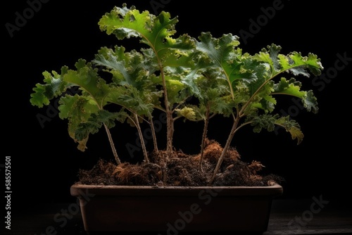Small oak plant in the pot. Tree oak planted in the soil substrate. Seedlings or plants illuminated by the side light. Highly lighted oak leaves with dark background. High quality generative ai
