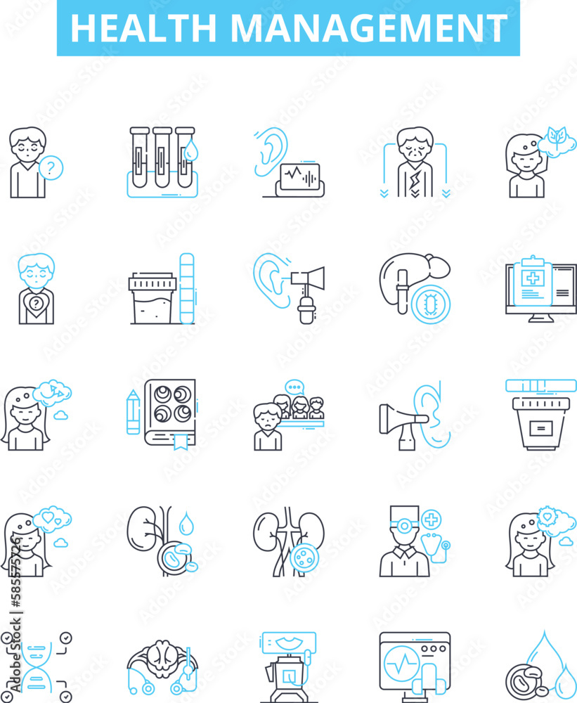 Health management vector line icons set. Wellness, Care, Prevention, Rehabilitation, Therapy, Nutrition, Exercise illustration outline concept symbols and signs