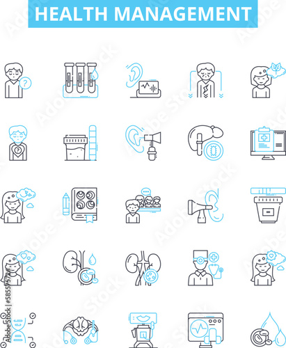 Health management vector line icons set. Wellness, Care, Prevention, Rehabilitation, Therapy, Nutrition, Exercise illustration outline concept symbols and signs