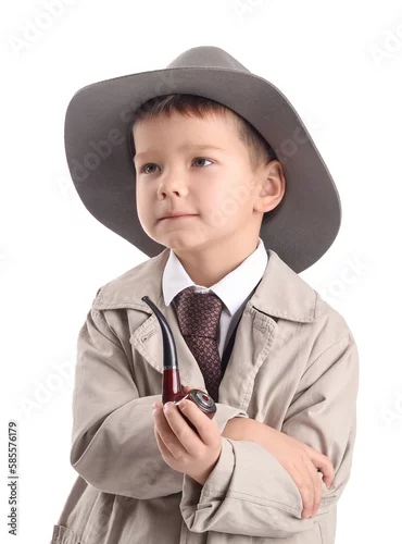 Obraz Cute little detective with smoking pipe on white background