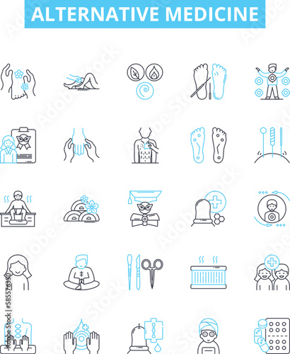 Alternative medicine vector line icons set. Holistic, Naturopathy, Homeopathy, Acupuncture, Ayurveda, Reiki, Aromatherapy illustration outline concept symbols and signs