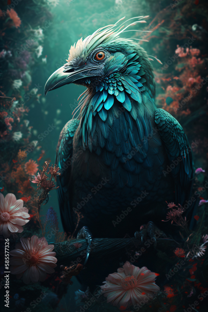 a majestic bird in a magical jungle full of flowers, generative ai a majestic bird in a magical jungle full of flowers, generative ai