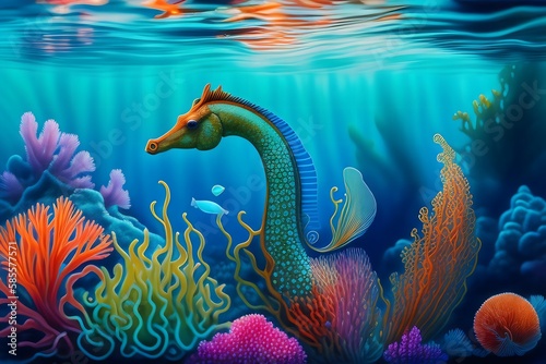 Rendering of Graceful Seahorse in Turquoise Waters. Generative AI. 