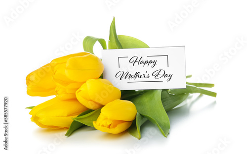 Card with text HAPPY MOTHER'S DAY and bouquet of yellow tulip flowers isolated on white background