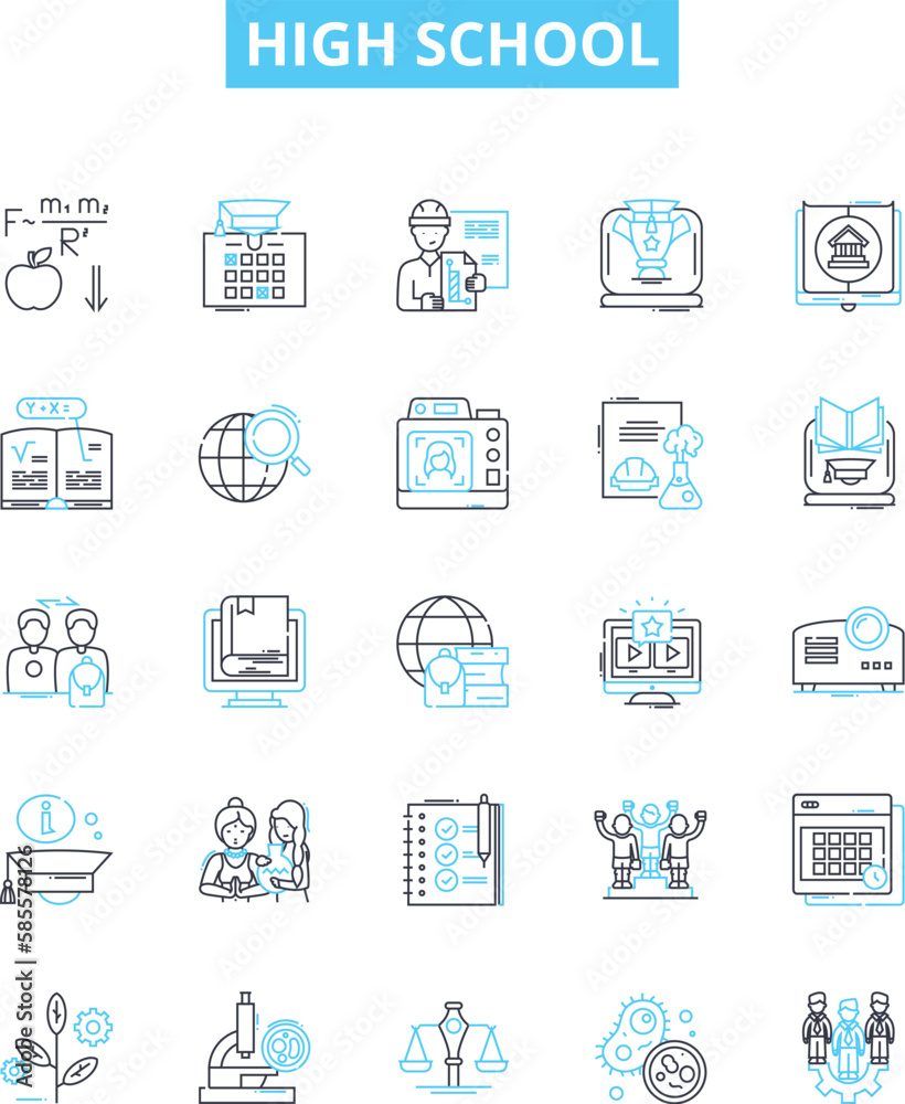 High school vector line icons set. High school, Education, Adolescence, Pupils, Graduates, Learning, Diploma illustration outline concept symbols and signs High school vector line icons set. High school, Education, Adolescence, Pupils, Graduates, Learning, Diploma illustration outline concept symbols and signs