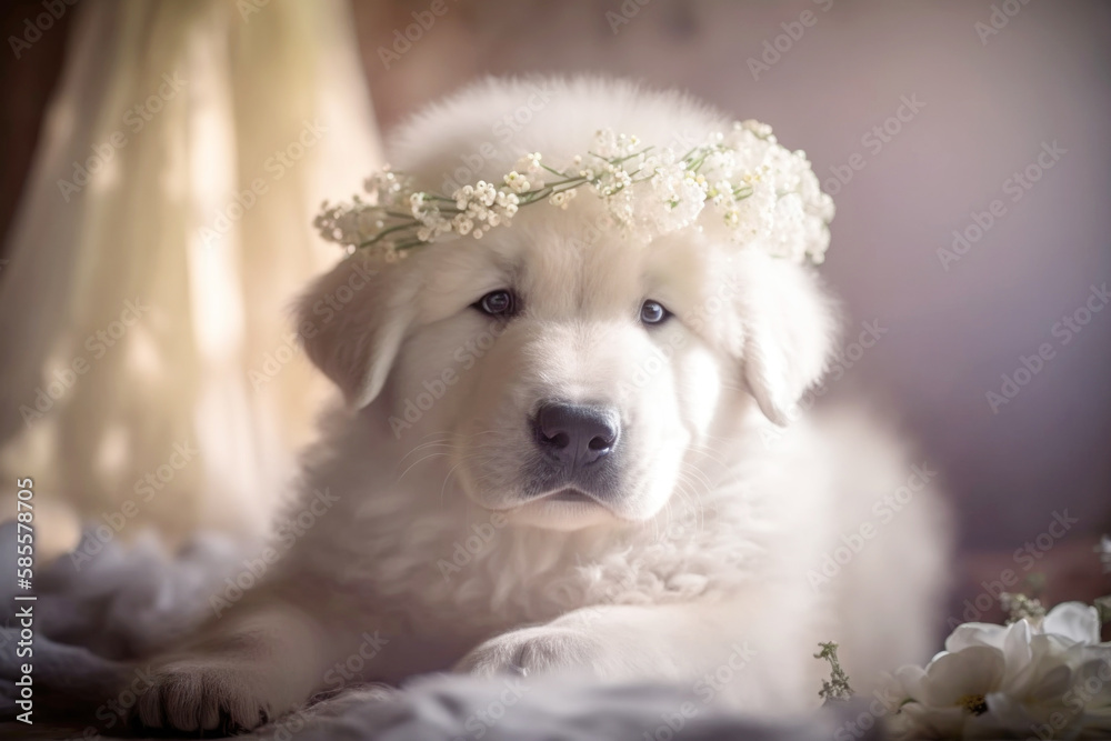 Cute white puppy with a wreath of white flowers, portrait. Template for postcard, layout with copy space Cute white puppy with a wreath of white flowers, portrait. Template for postcard, layout with copy space