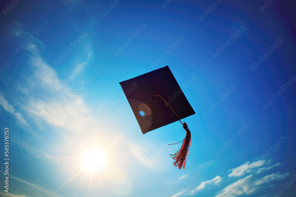 Graduation cap thrown into the blue sky. Graduation from an educational
