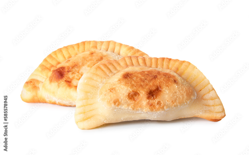 Tasty meat empanadas on white background