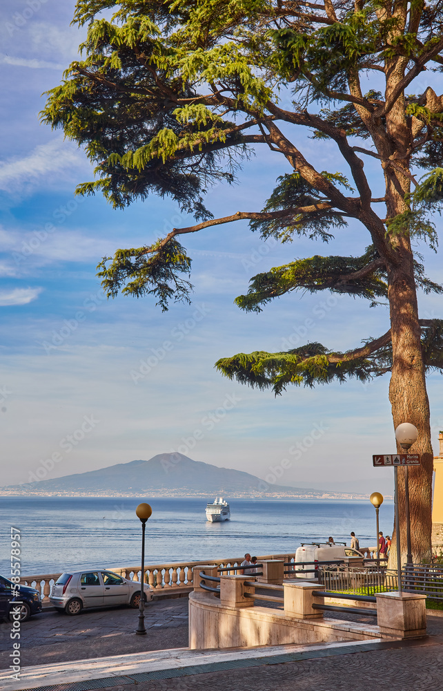 Naklejka premium View of the Mount Vesuvius from Sant Agnello. Summer evening. Sorento.