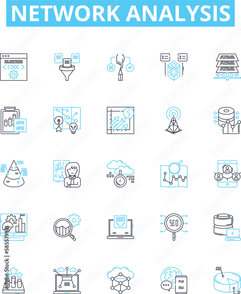 Network analysis vector line icons set. Network, Analysis, Topology, Graph, Structure, Connectivity, Flow illustration outline concept symbols and signs Network analysis vector line icons set. Network, Analysis, Topology, Graph, Structure, Connectivity, Flow illustration outline concept symbols and signs