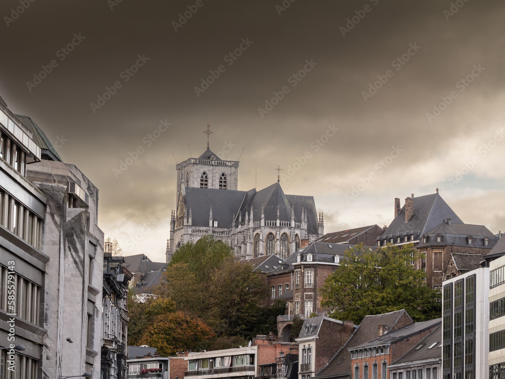 Panorama of the Liege Cathedral, the Cathedrale Saint Paul de Liege, in Belgium at dusk. it's the main roman catholic church and cathedral of the Belgian city of Liege