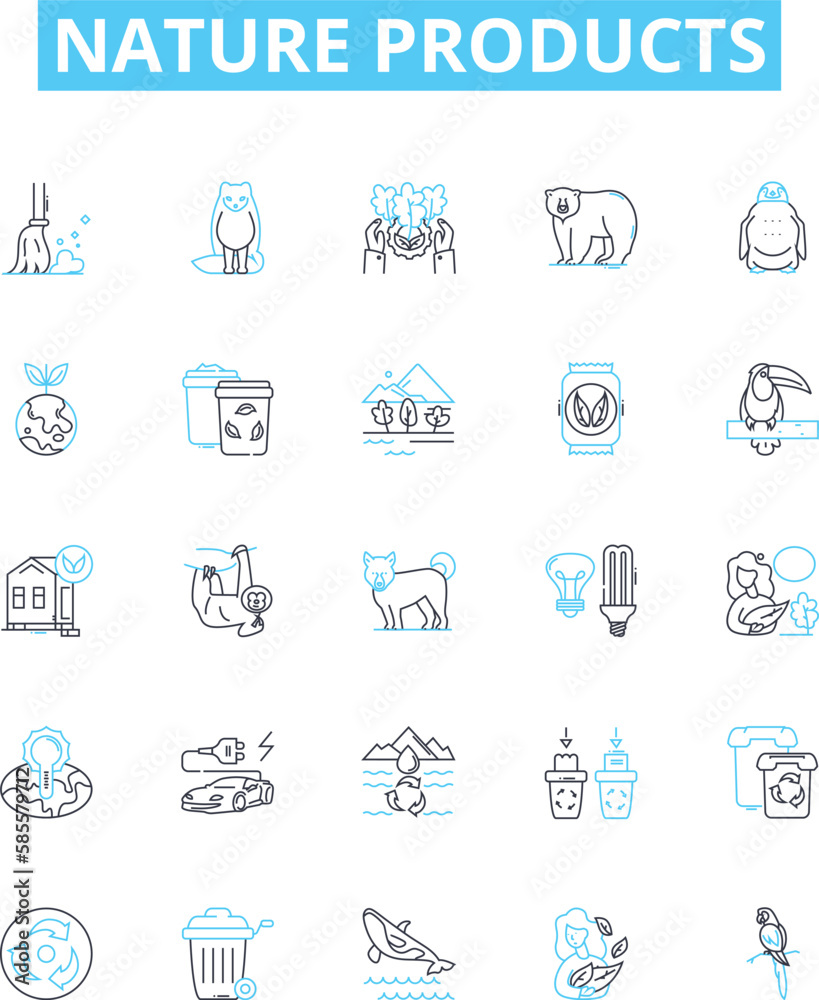 Nature products vector line icons set. Organic, Herbal, Botanical, Plants, Extracts, Essential, Oils illustration outline concept symbols and signs