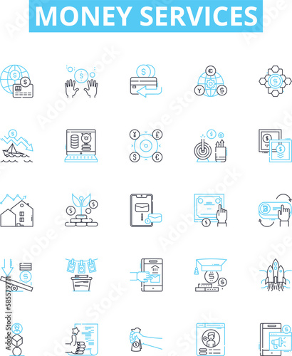 Money services vector line icons set. Money, services, banking, finance, transfer, payments, currency illustration outline concept symbols and signs