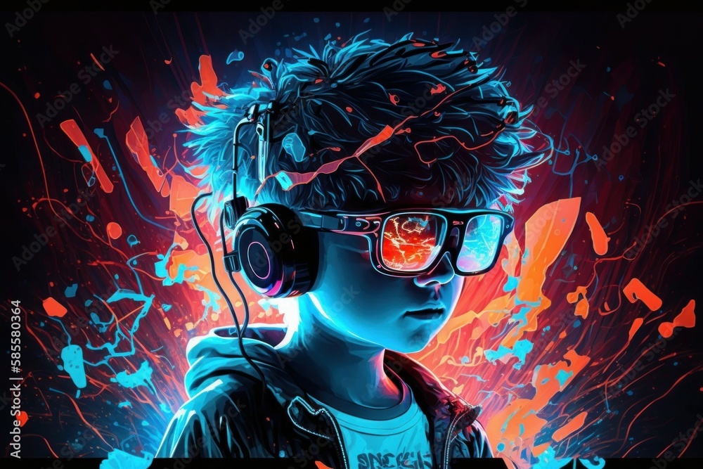 Boy or teenager wearing virtual reality glasses. AI generated, human enhanced.