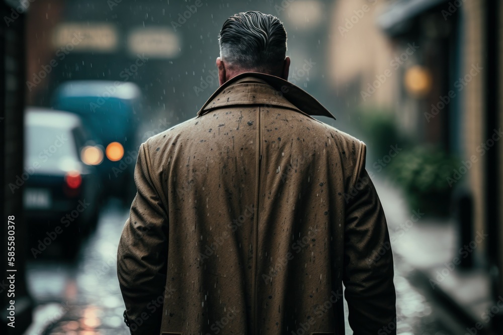 Back view man walking at rain, selective focus. AI generated, human enhanced Back view man walking at rain, selective focus. AI generated, human enhanced