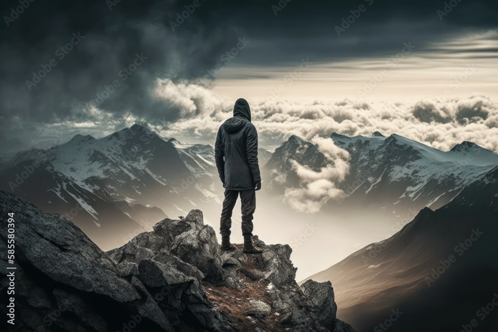 Person looking from the top of a mountain. AI generated, human enhanced. Person looking from the top of a mountain. AI generated, human enhanced.