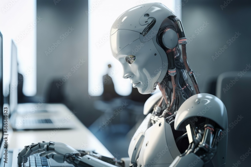Robot in the office at work. Business concept. AI generated, human enhanced. Robot in the office at work. Business concept. AI generated, human enhanced.
