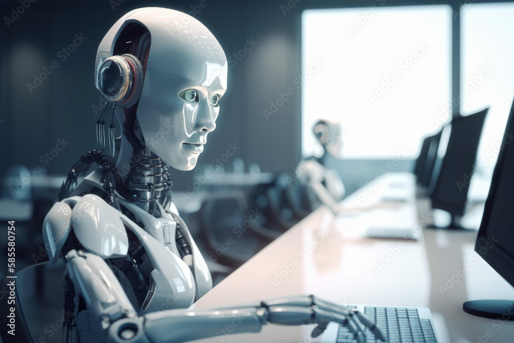 Robot at the computer. Business concept. AI generated, human enhanced. Robot at the computer. Business concept. AI generated, human enhanced.