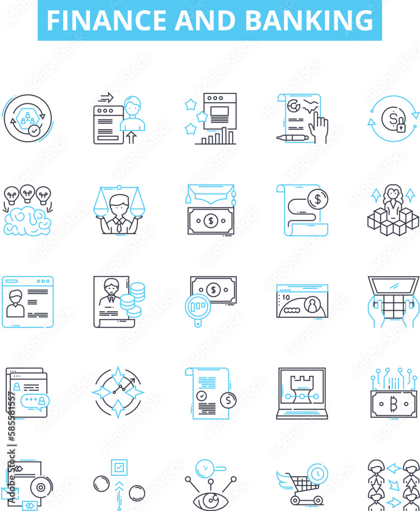 Finance and banking vector line icons set. Banking, Finance, Money, Investment, Savings, Mortgage, Loan illustration outline concept symbols and signs Finance and banking vector line icons set. Banking, Finance, Money, Investment, Savings, Mortgage, Loan illustration outline concept symbols and signs