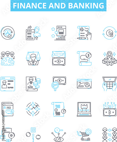 Finance and banking vector line icons set. Banking, Finance, Money, Investment, Savings, Mortgage, Loan illustration outline concept symbols and signs