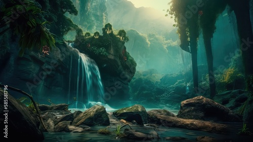 A fantastic scene with wild waterfalls in a dense jungle. A mysterious world where the atmosphere of adventure and wild nature reigns. Generative AI