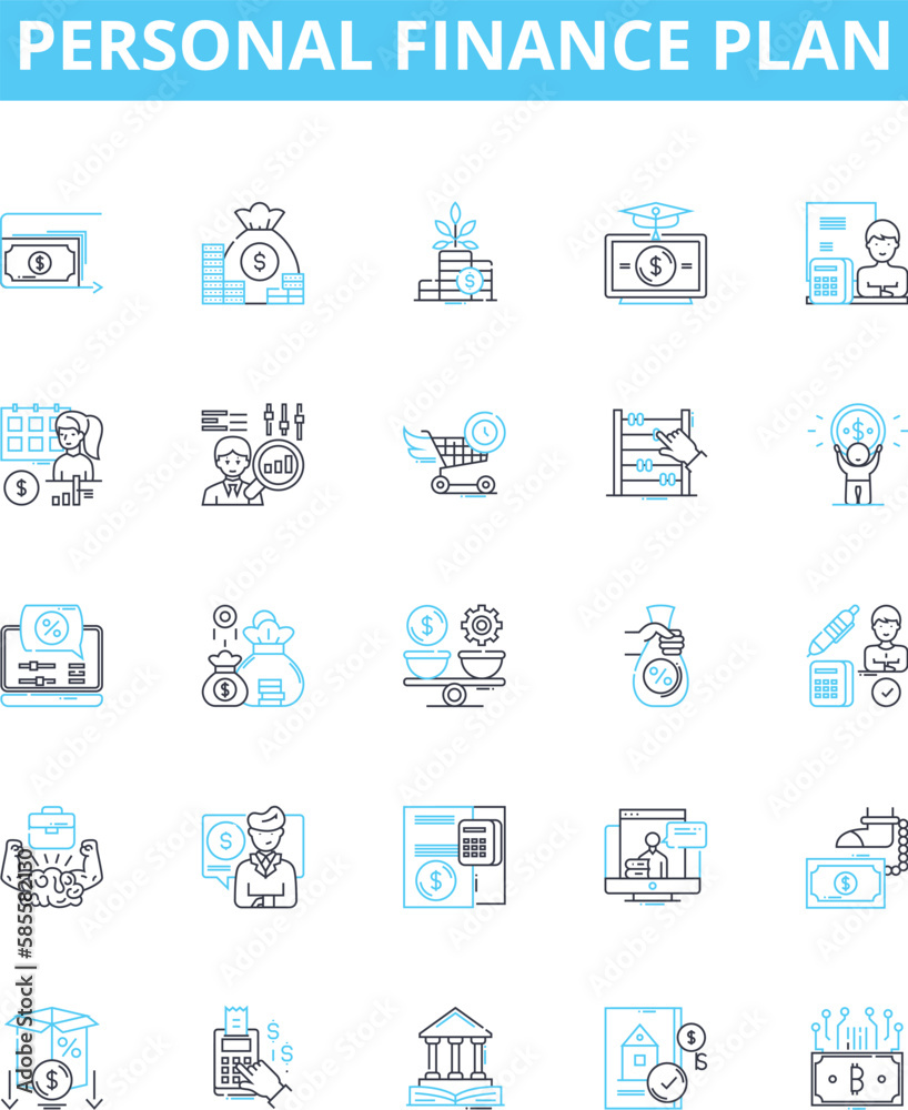 Personal finance plan vector line icons set. Budgeting, Saving, Investment, Credit, Debt, Insurance, Taxation illustration outline concept symbols and signs Personal finance plan vector line icons set. Budgeting, Saving, Investment, Credit, Debt, Insurance, Taxation illustration outline concept symbols and signs