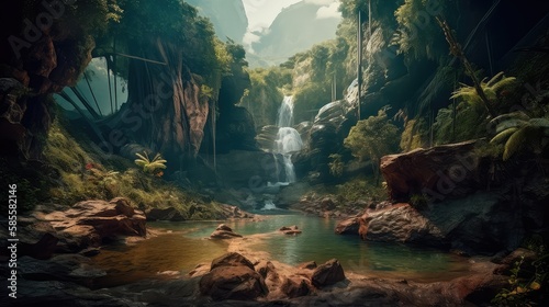 A fantastic scene with wild waterfalls in a dense jungle. A mysterious world where the atmosphere of adventure and wild nature reigns. Generative AI