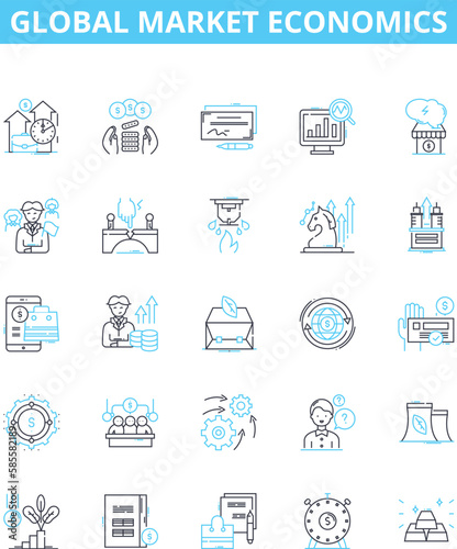 Global market economics vector line icons set. Global, Market, Economics, International, Trade, Investment, Financial illustration outline concept symbols and signs