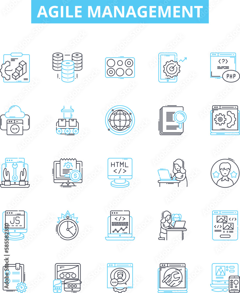 Agile management vector line icons set. Agile, Management, Process, Product, Development, Scrum, Team illustration outline concept symbols and signs