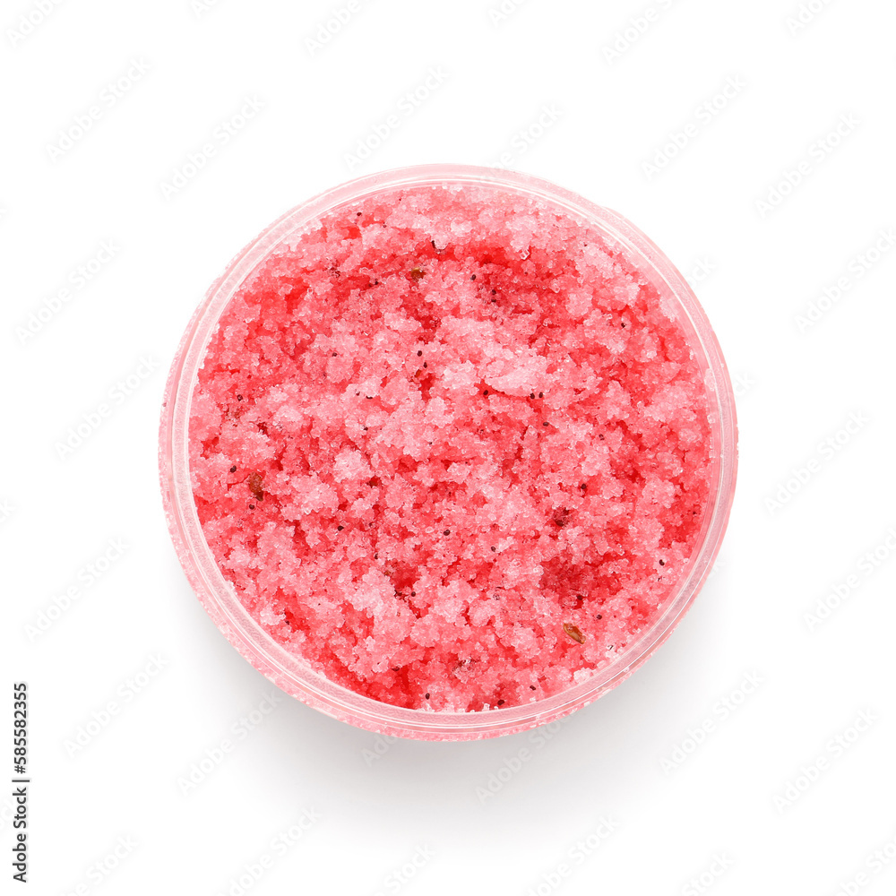 Jar of body scrub on white background