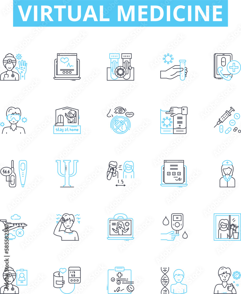 Virtual medicine vector line icons set. Virtual, Medicine, Telemedicine, Technology, Online, Healthcare, Doctors illustration outline concept symbols and signs Virtual medicine vector line icons set. Virtual, Medicine, Telemedicine, Technology, Online, Healthcare, Doctors illustration outline concept symbols and signs