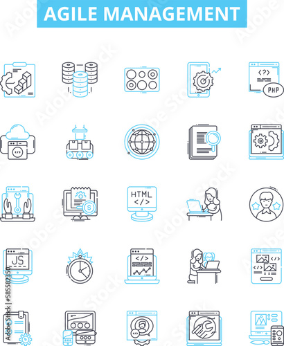 Agile management vector line icons set. Agile, Management, Process, Product, Development, Scrum, Team illustration outline concept symbols and signs
