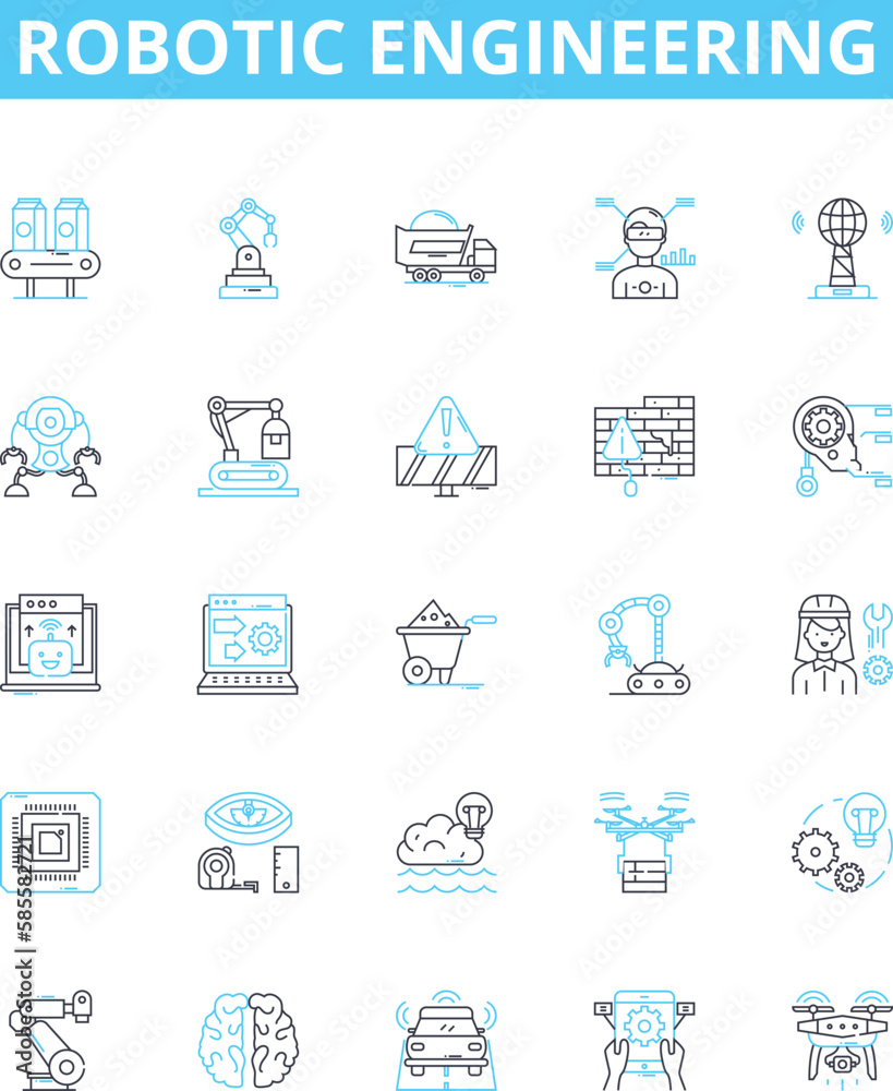 Robotic engineering vector line icons set. Robotics, Engineering, Automation, Machines, Programming, Artificial, Intelligence illustration outline concept symbols and signs Robotic engineering vector line icons set. Robotics, Engineering, Automation, Machines, Programming, Artificial, Intelligence illustration outline concept symbols and signs