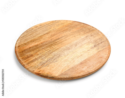 Round wooden kitchen board on white background