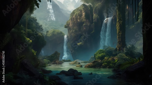 A fantastic scene with wild waterfalls in a dense jungle. A mysterious world where the atmosphere of adventure and wild nature reigns. Generative AI