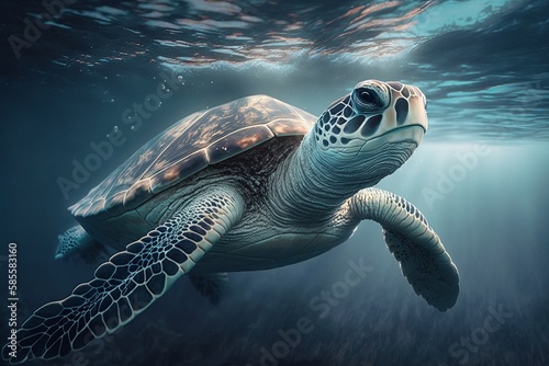 Sea Turtle Swimming in the Sea. Generative AI  