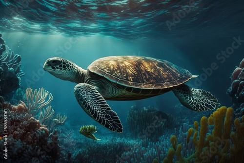 Sea Turtle Swimming in the Sea. Generative AI  