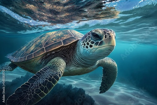 Sea Turtle Swimming in the Sea. Generative AI 