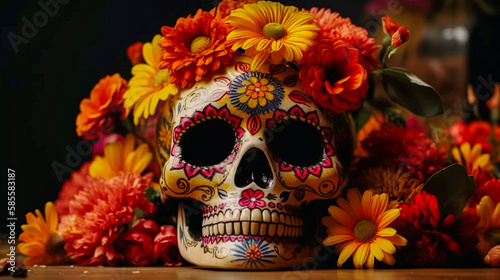 Sugar white skull with colorful flowers. Day of the dead. Generative Ai