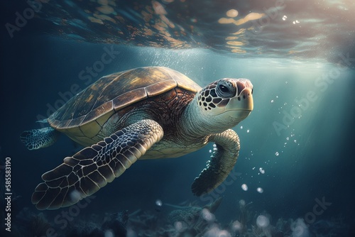 Sea Turtle Swimming in the Sea. Generative AI   © Diatomic