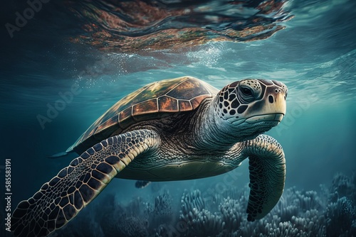 Sea Turtle Swimming in the Sea. Generative AI 