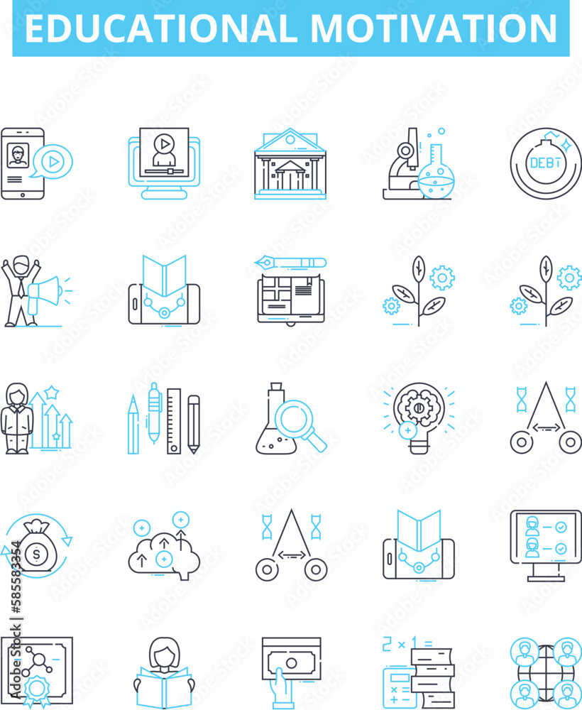 Educational motivation vector line icons set. Learning, Inspiration, Determination, Enthusiasm, Aspiration, Concentration, Creativity illustration outline concept symbols and signs Educational motivation vector line icons set. Learning, Inspiration, Determination, Enthusiasm, Aspiration, Concentration, Creativity illustration outline concept symbols and signs