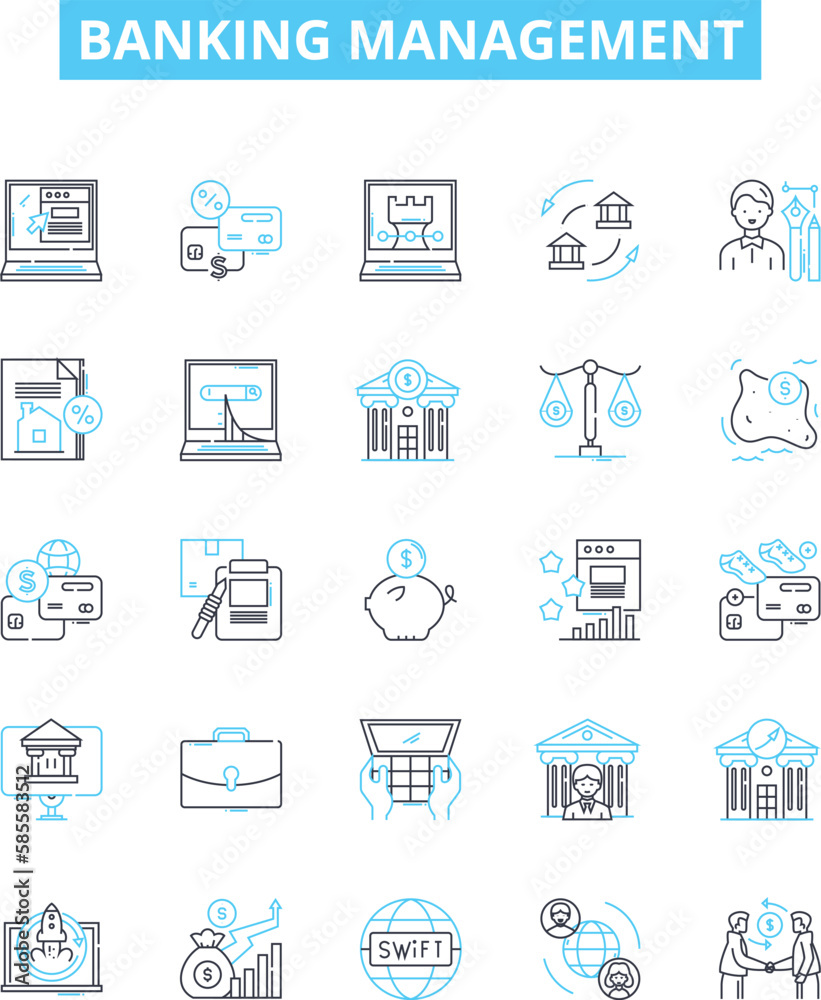 Banking management vector line icons set. Banking, Management, Financing, Loans, Investment, Credit, Accounts illustration outline concept symbols and signs