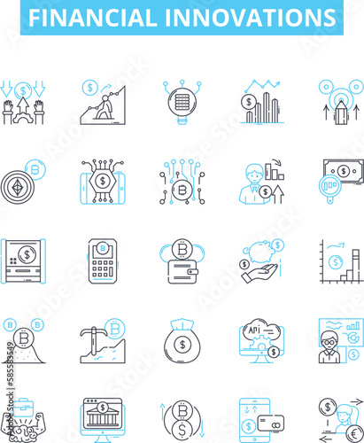 Financial innovations vector line icons set. Investment, Lending, Crowdfunding, Banking, Payments, Insurtech, Cryptocurrency illustration outline concept symbols and signs